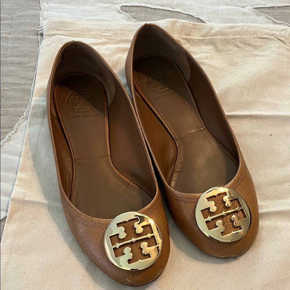 Tory Burch Women's Brown Flats with Gold Logo